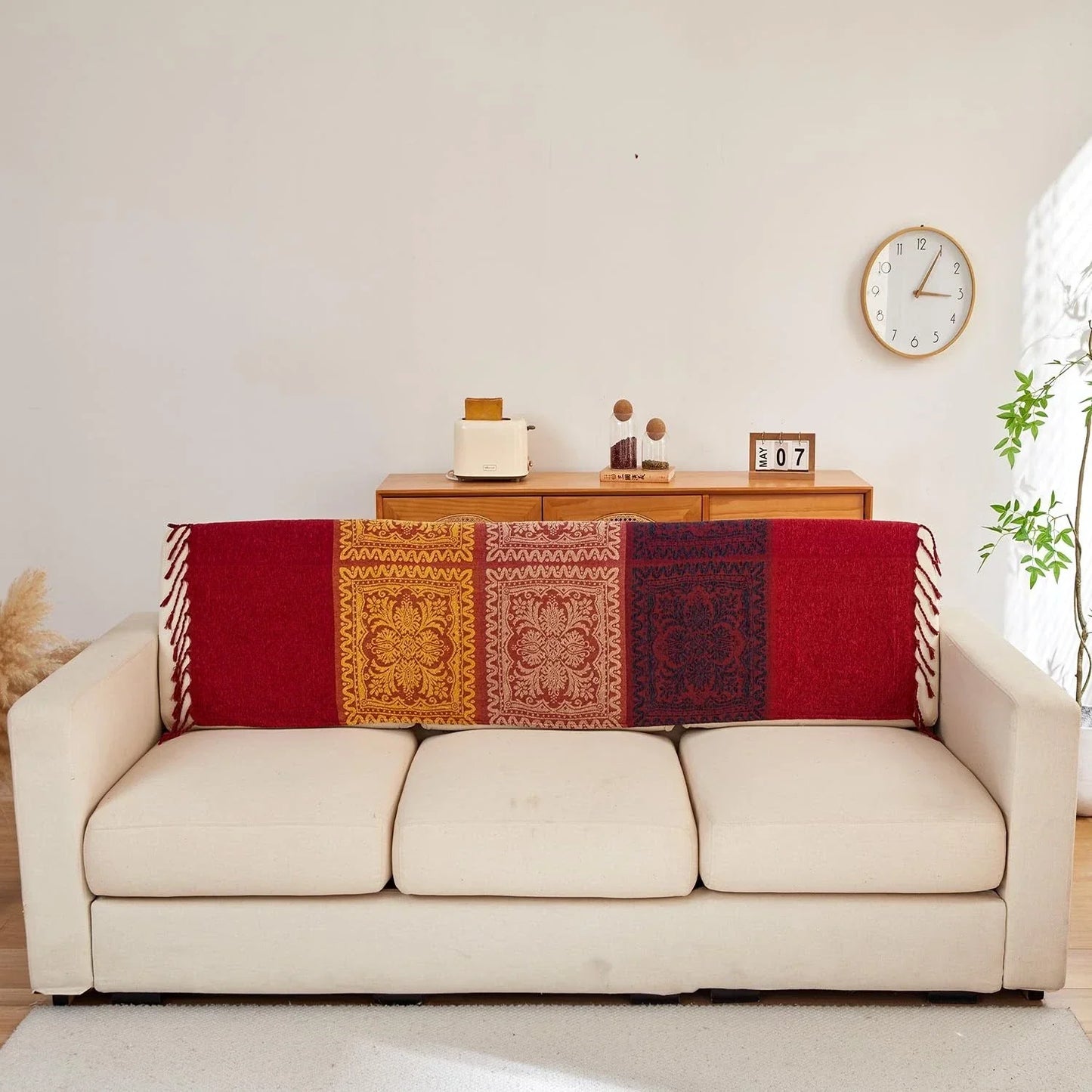 Bahar Red Chenille Blanket Tassel Sofa Cover