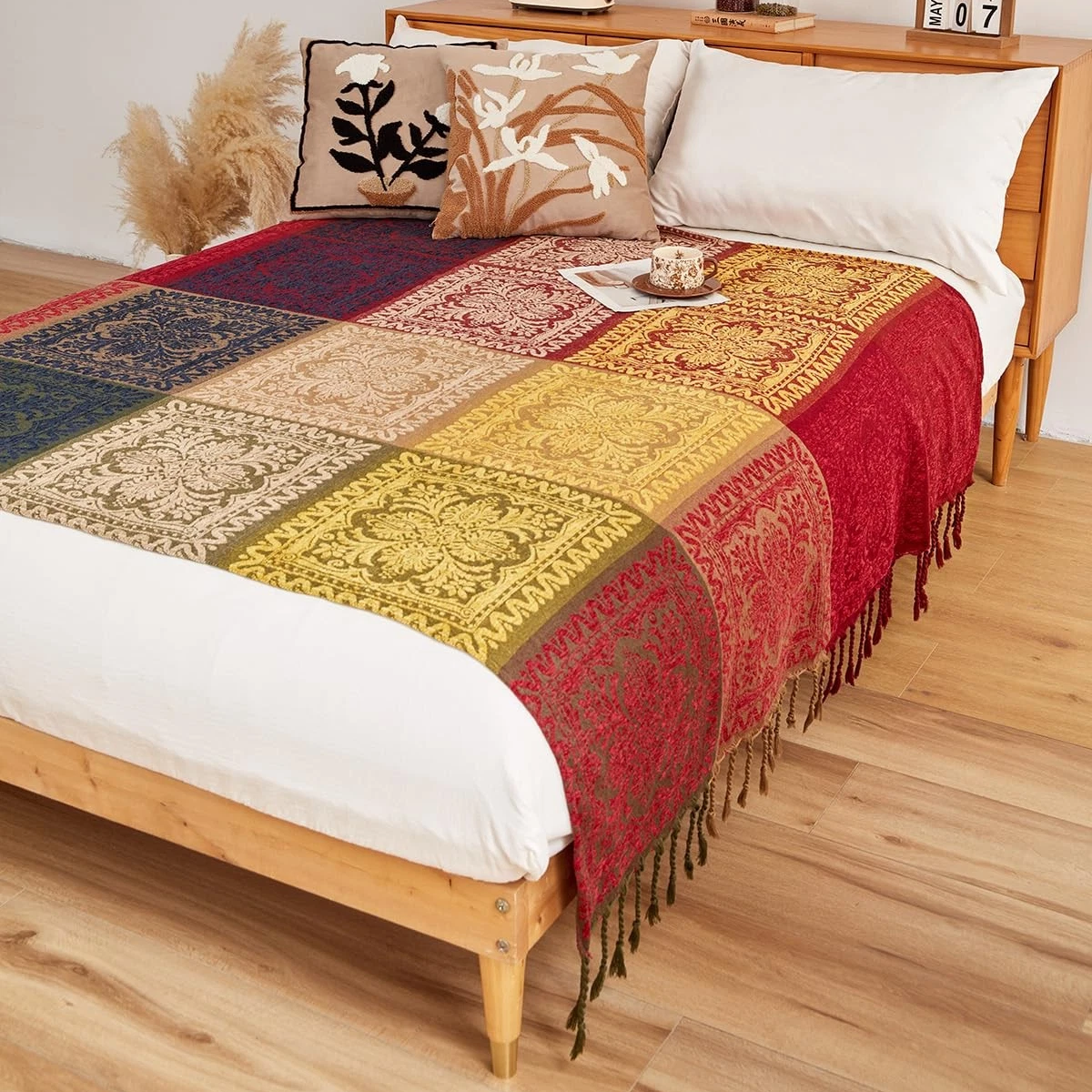 Bahar Red Chenille Blanket Tassel Sofa Cover